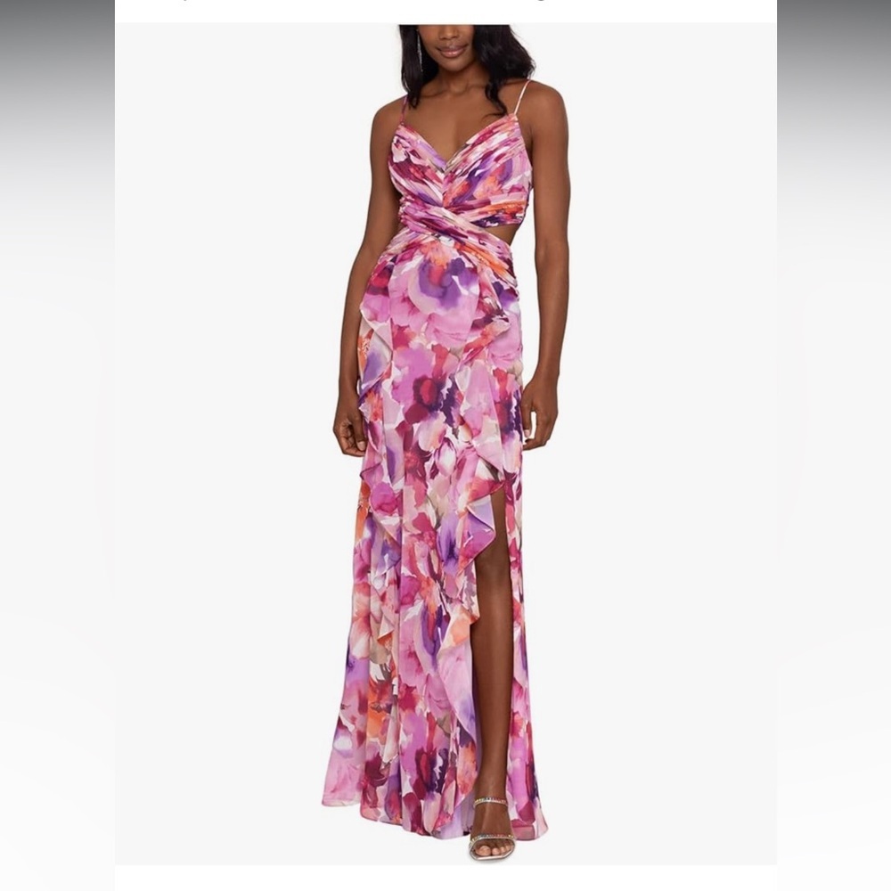 Xscape Womens Chiffon Cut-Out Evening Dress